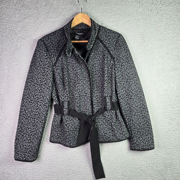 Sandro Leopard Cinched Waist Jacket Large Belted Animal Print Button Mock Neck - Picture 13 of 15